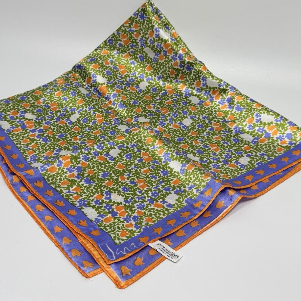 Vera Neumann Signed Scarf Orange Blue Green Orange Floral 28" 1960s Japan - Picture 5 of 5